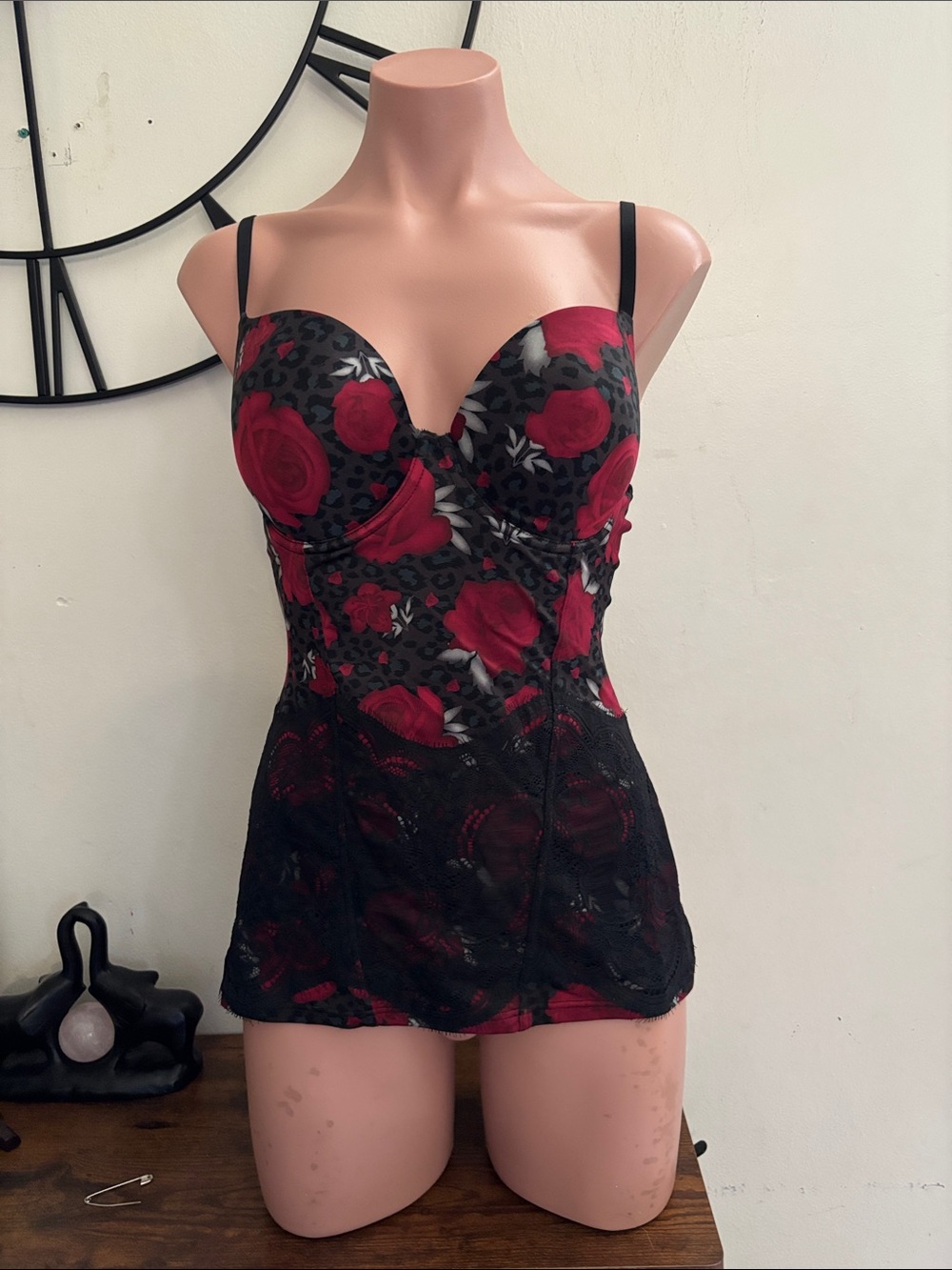 #298 Red Rose Lace Bustier Chemise with Black Accents